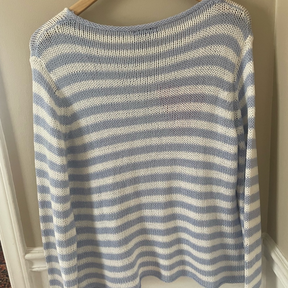 Wooden Ships Blue and White Striped V-Neck Sweater with Red Heart - Picture 3 of 9